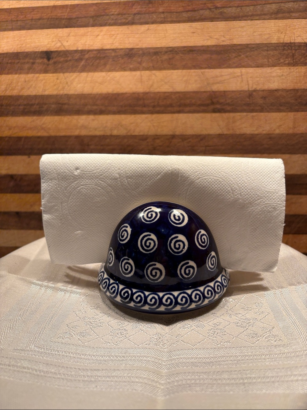 Boleslawiec Blue Ceramic Napkin Holder with White Spiral Motif